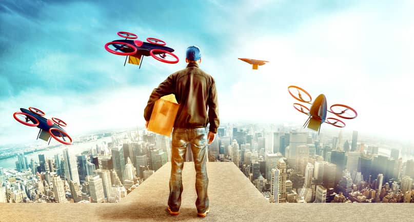 Concept of a future smart city with deliveries by drones.