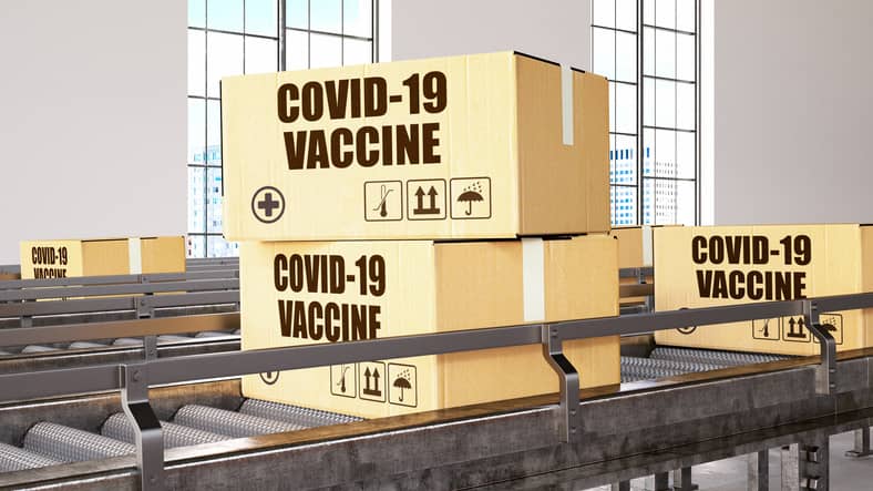 COVID-19 Vaccine boxes on a production line