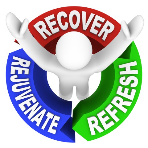 The words Recover Rejuvenate and Refresh in a diagram representi